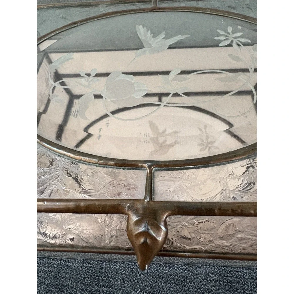 Vtg Etched Glass, Brass, Mirror Jewelry Box Footed w Flowers &‎ Hummingbirds